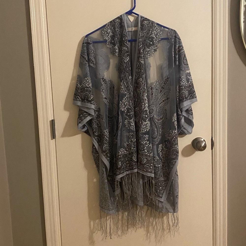 Origami by Vivien blue boho fringed shawl